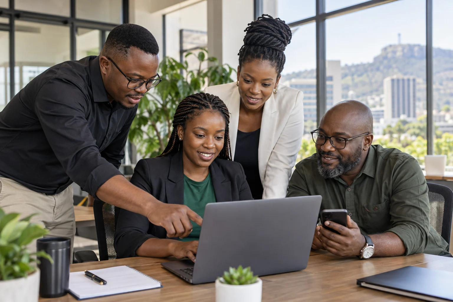 African business team collaborating around a laptop and phone in a modern office