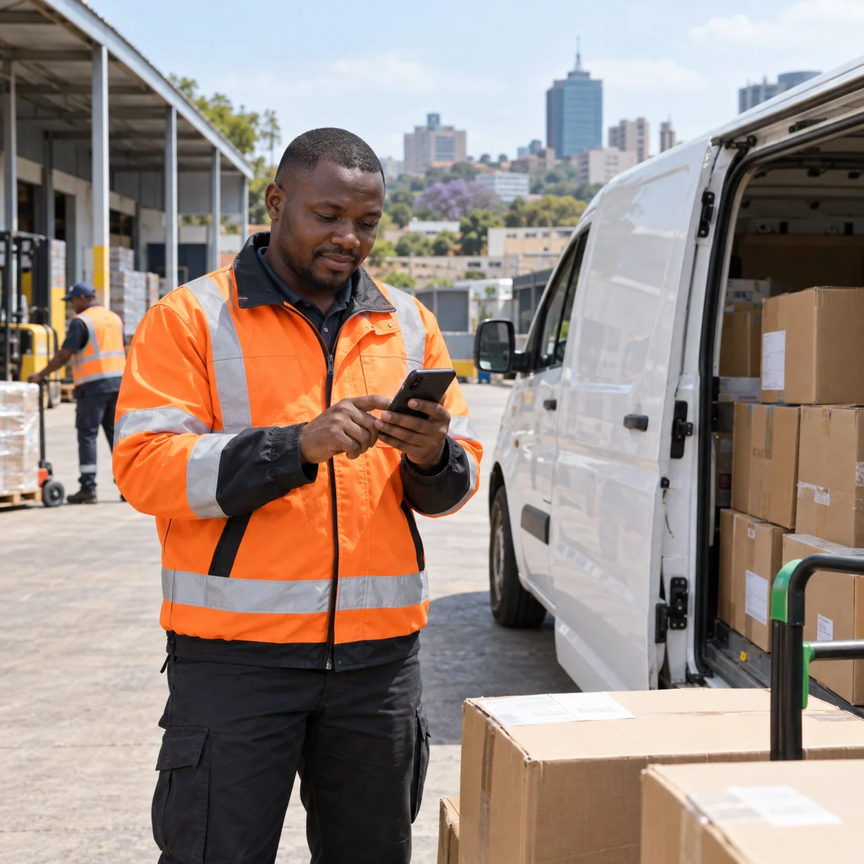 African logistics coordinator checking deliveries beside a van