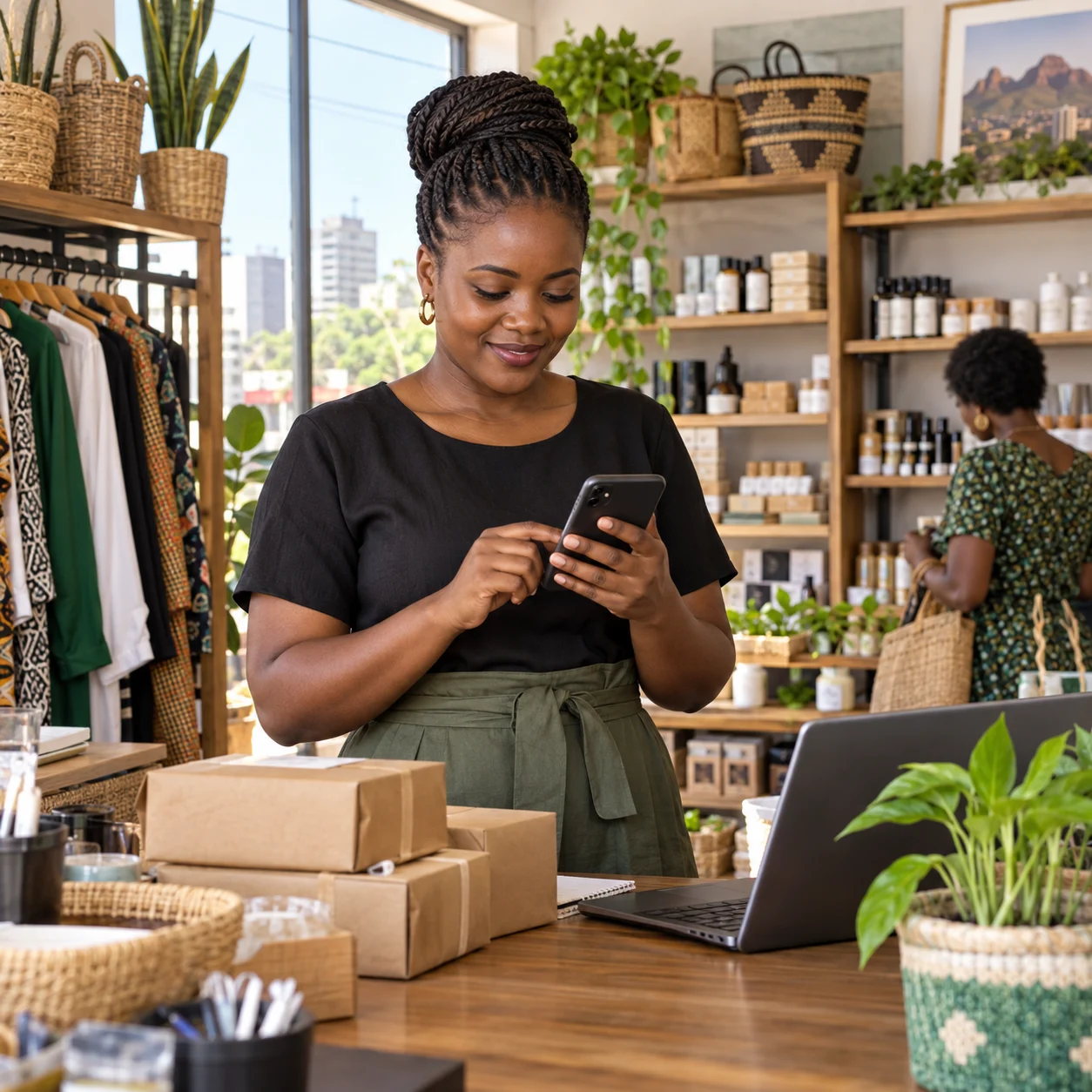 African retail business owner reviewing online orders in her shop